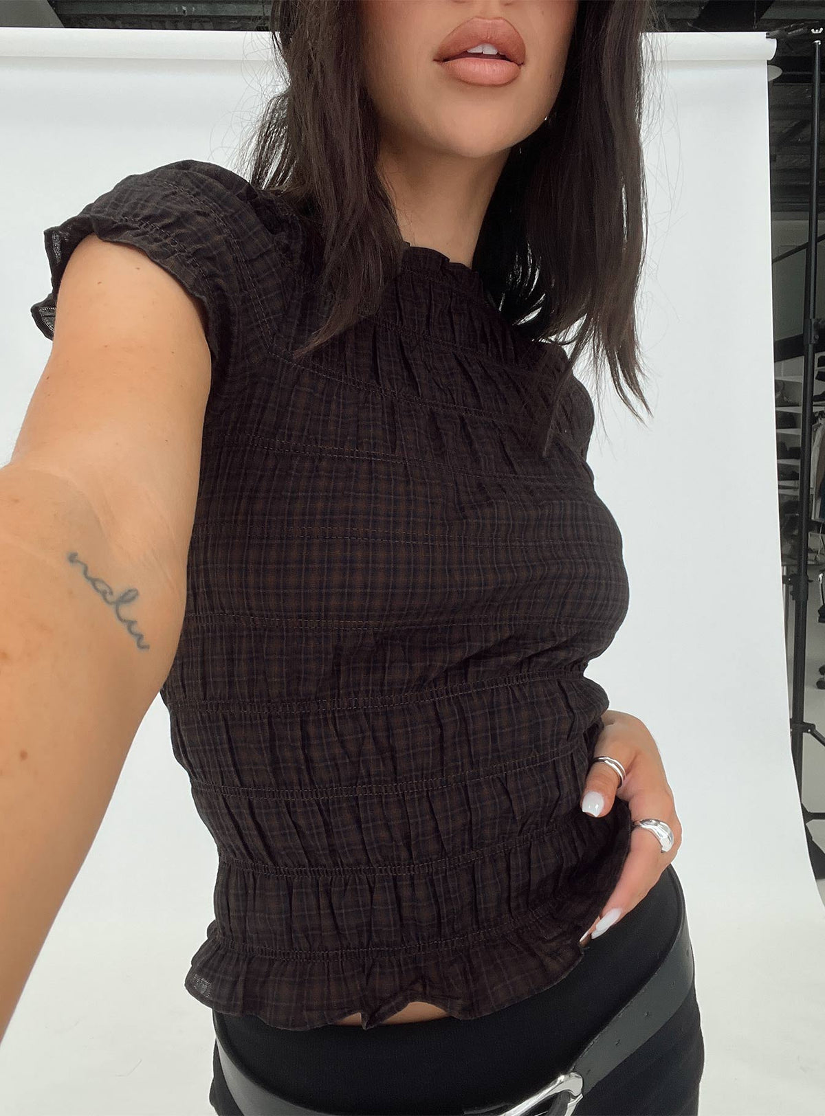 Romelle Shirred Top Black / Brown Plaid Petite