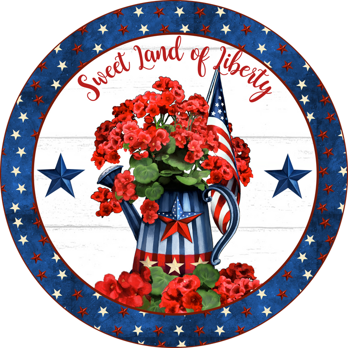 075 Sweet Land of Liberty, Patriotic Sign, Stars, American Flags, Wreath Center, Wreath Attachment