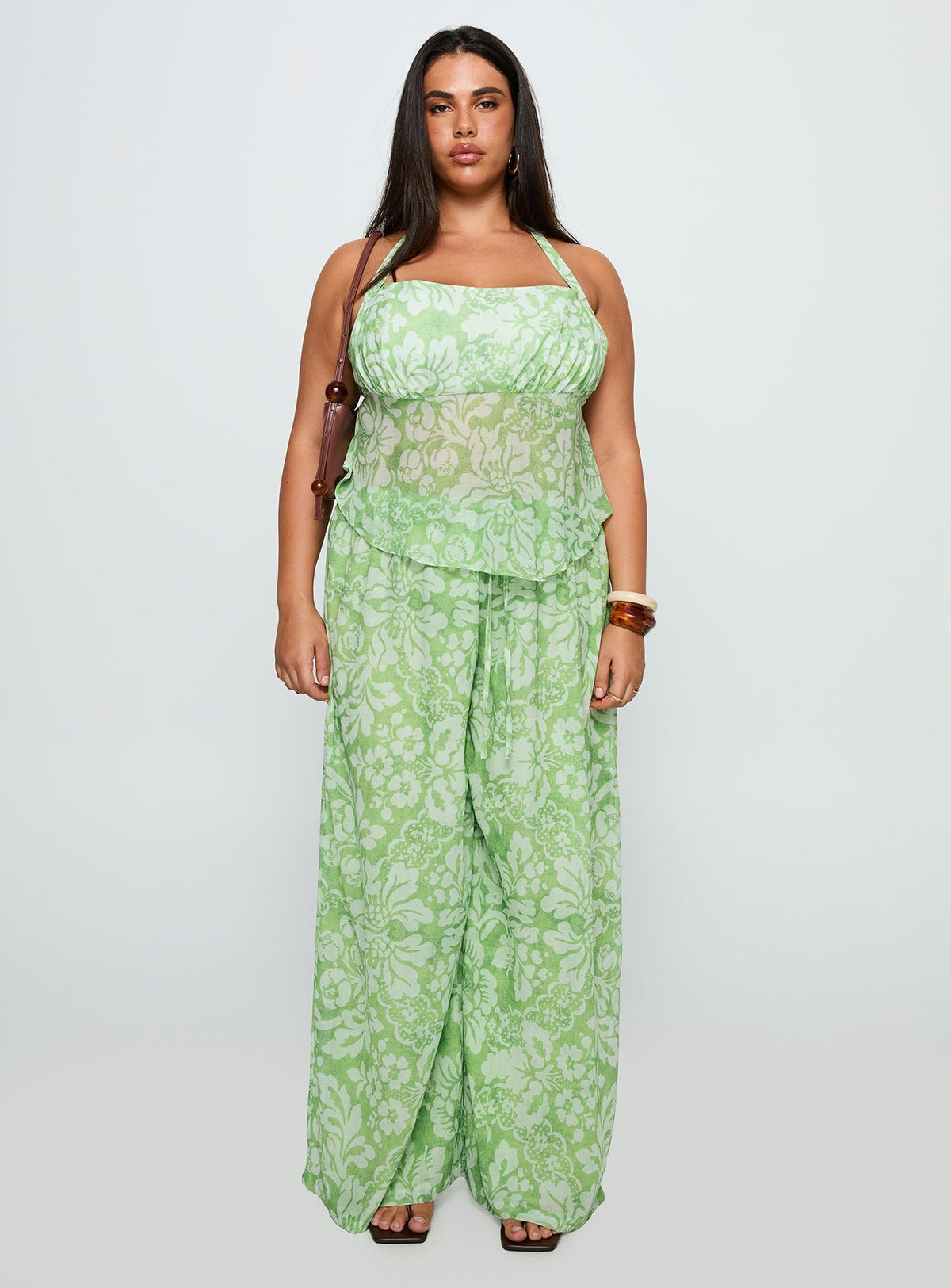 Finesse Halter Top Green Floral Curve