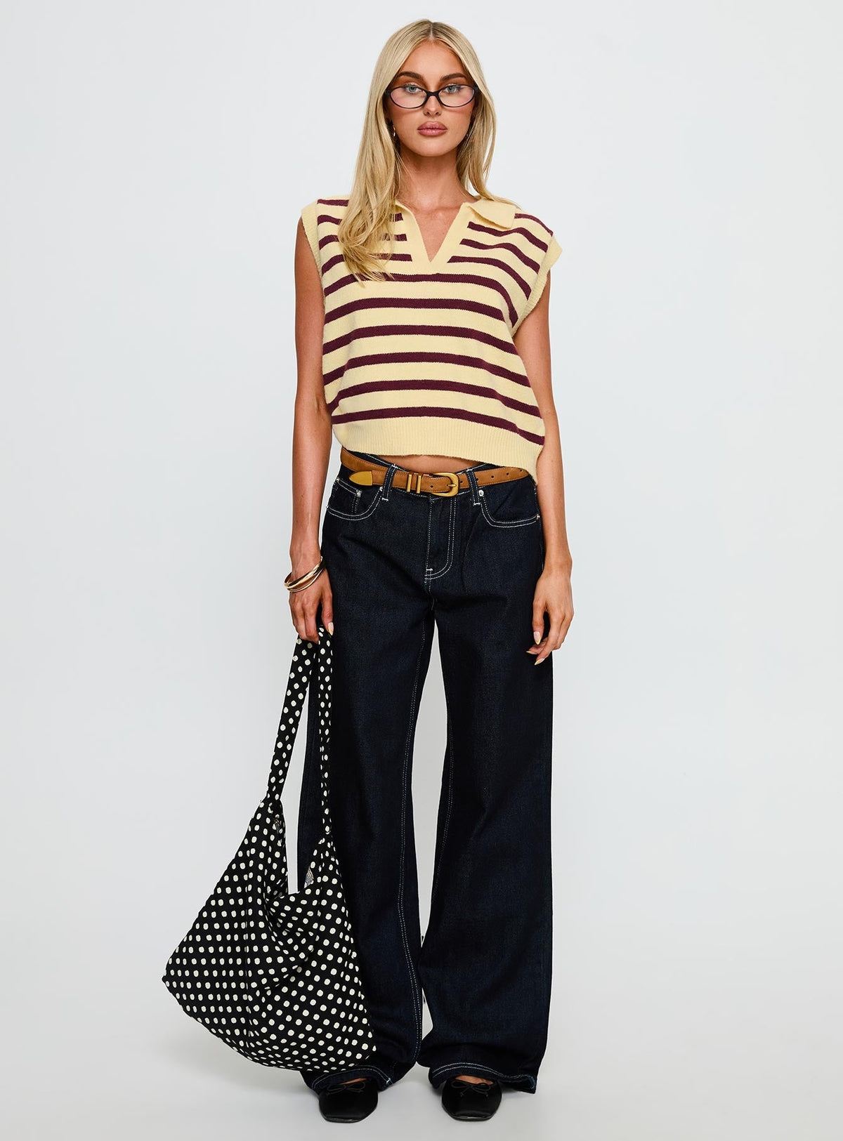Yuliya Collared Sleeveless Top Lemon / Burgundy Stripe