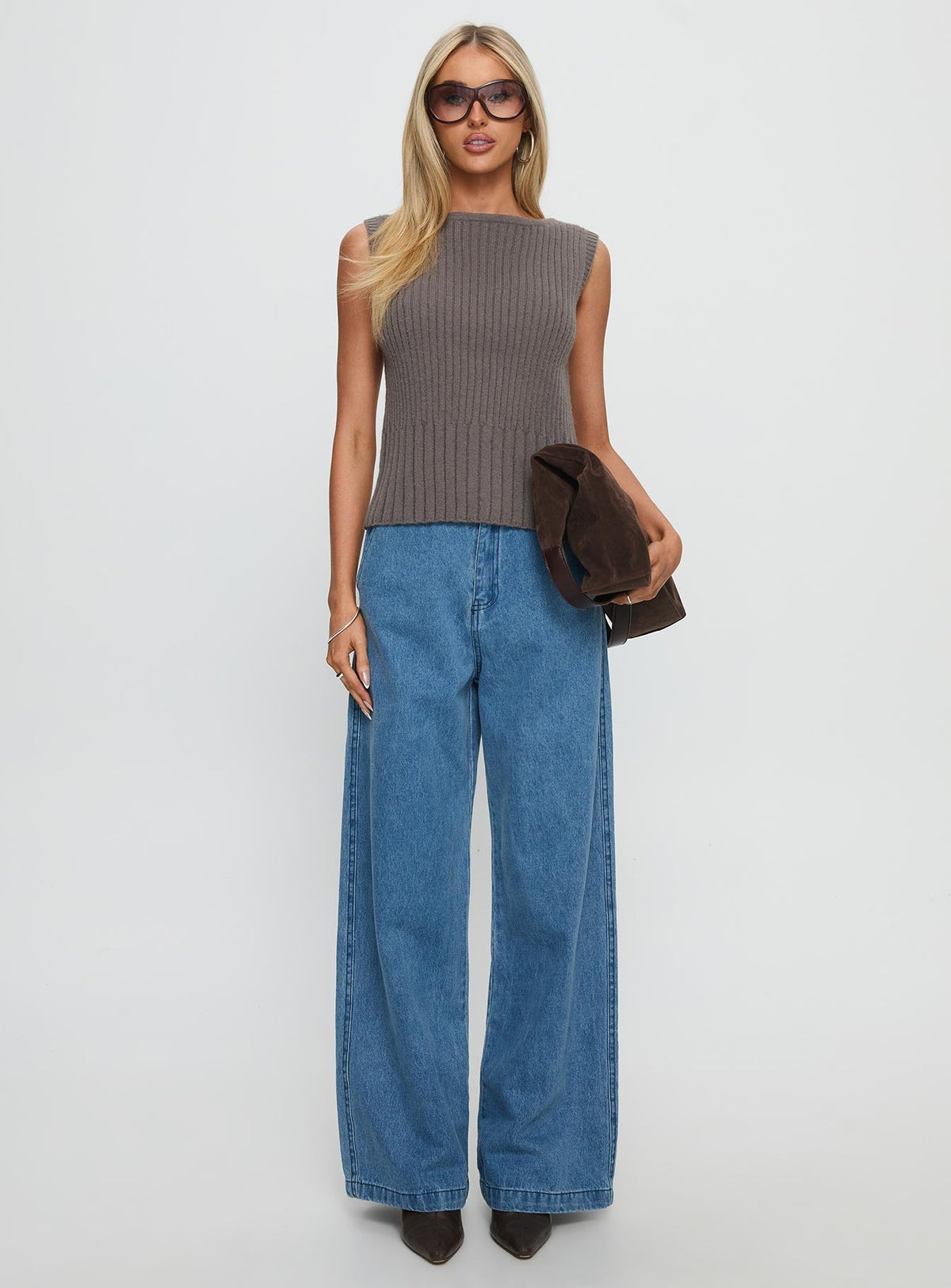 Peerless Ribbed Sleeveless Top Charcoal