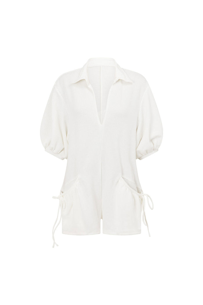 White Collar V Neck Puff Sleeve Airlie Playsuit