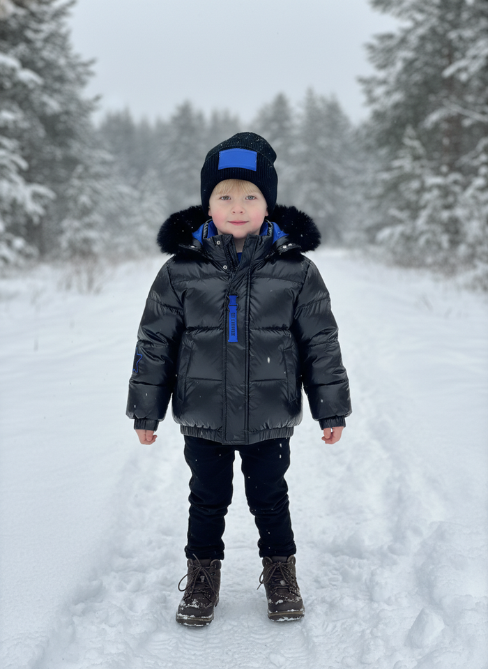 coat down padded star applique with fur hood - black/royal