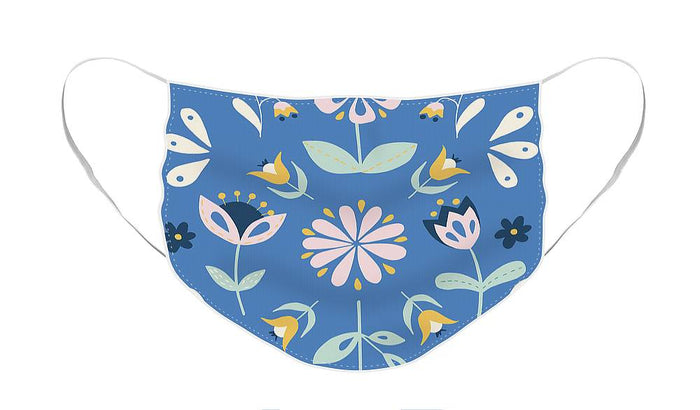 Folk Flower Pattern in Blue - Face Mask