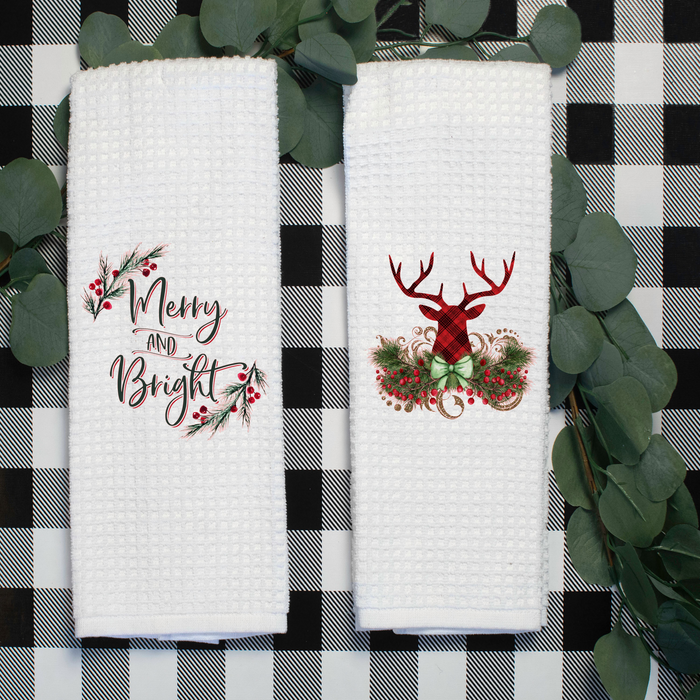 Merry and Bright Set, Holiday Tea Towel, Christmas Kitchen Décor, Christmas Party Décor