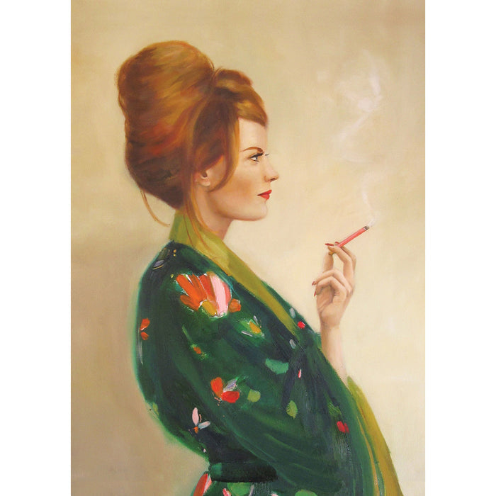 A painterly portrait of a red-haired woman's profile and green robed upper body, facing right against a tan background, as she holds a pink cigarette.
