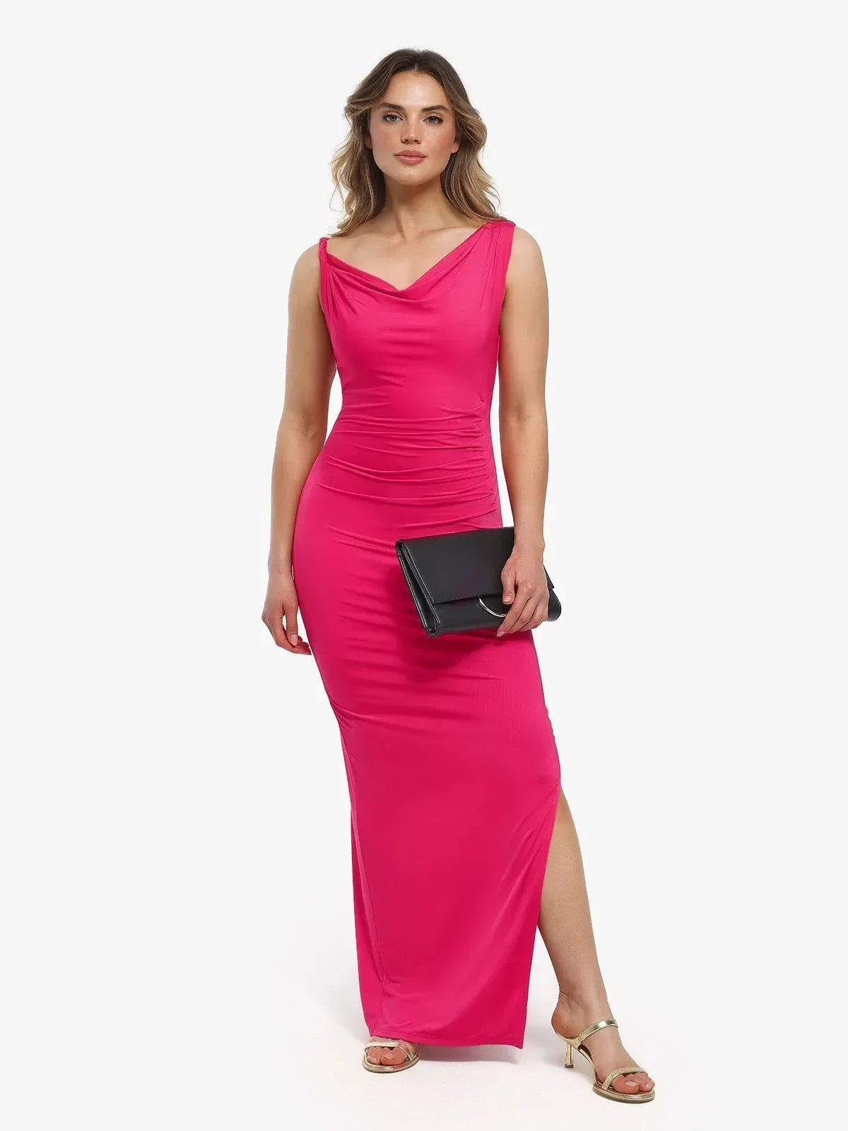 Shapewear Solid Cowl Neck Ruched Sculpting Maxi Dress