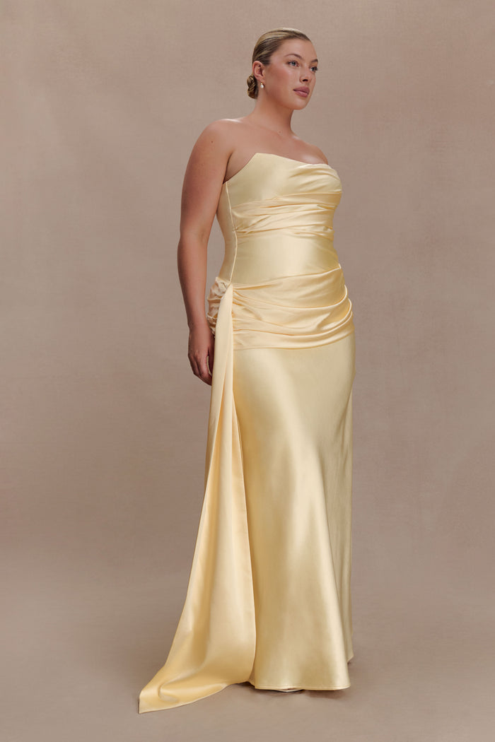 Sarah Strapless Maxi Dress With Waist Tie - Lemon