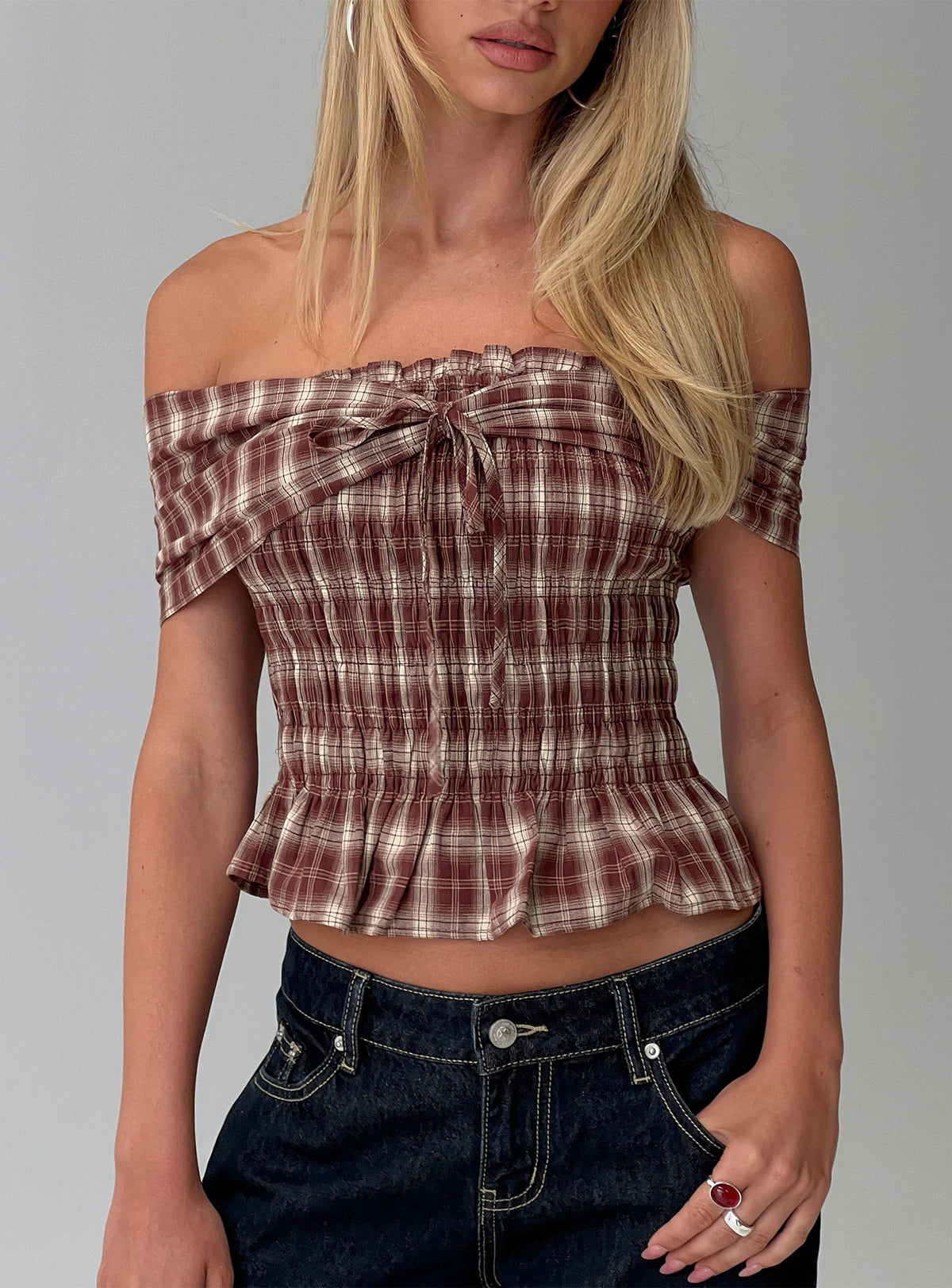 Avalynn Off Shoulder Shirred Top Brown Check