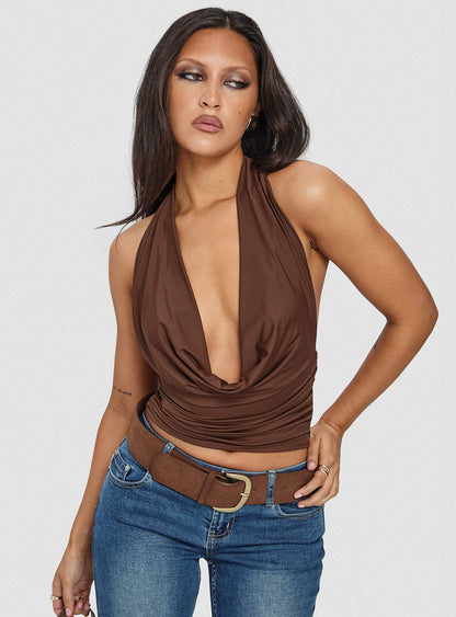 Remarkable Plunged Cowl Neck Top Brown