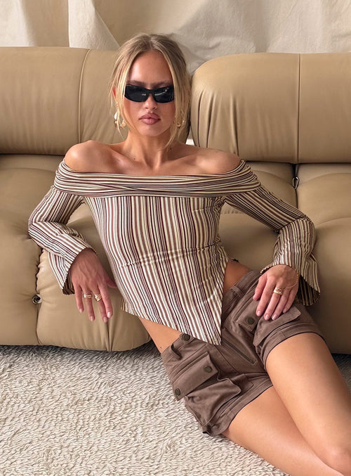 Newbery Off Shoulder Asymmetrical Long Sleeve Top Stripe