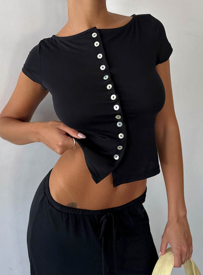 Angellina Jersey Button Down Top Black