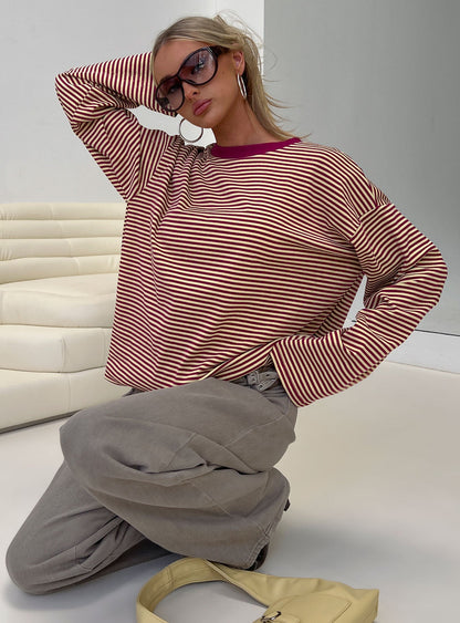 Settle Down Long Sleeve Top Lemon / Burgundy Stripe