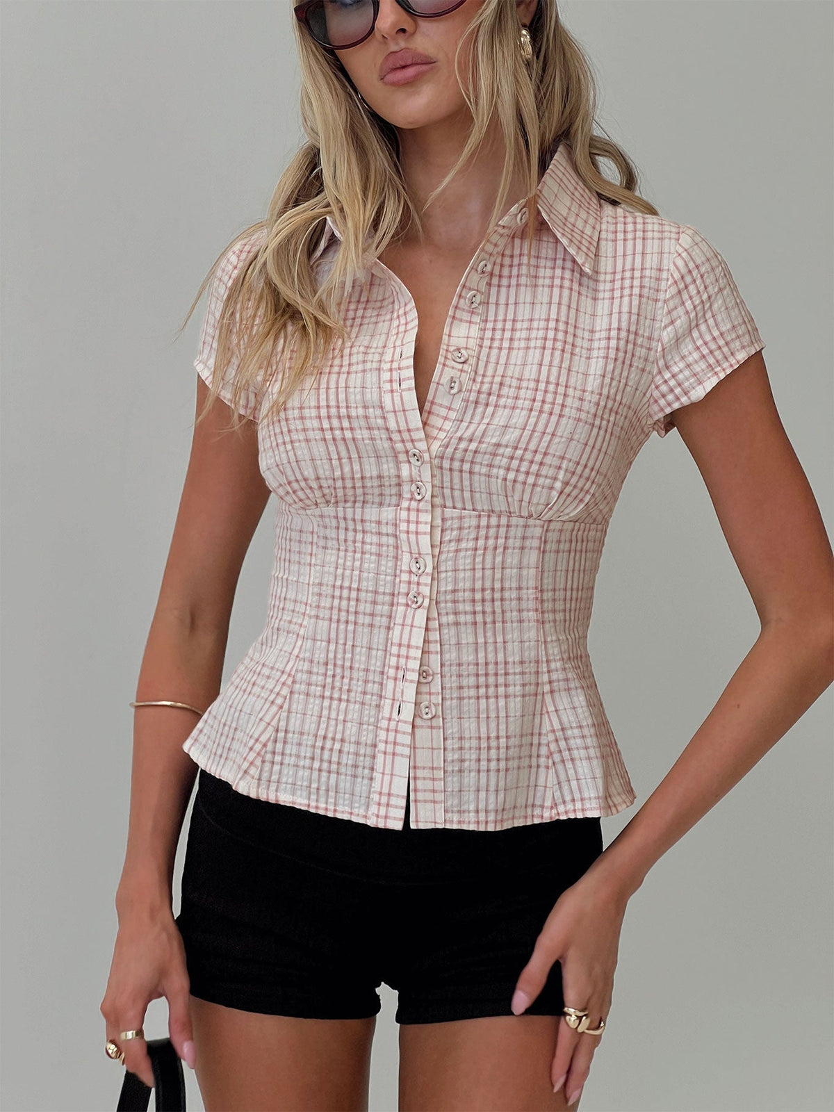 Cottesloe Blouse Top Pink Check Petite
