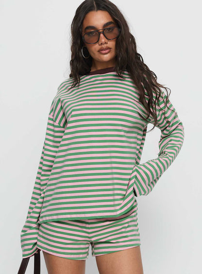 Settle Down Long Sleeve Top Green / Pink Stripe