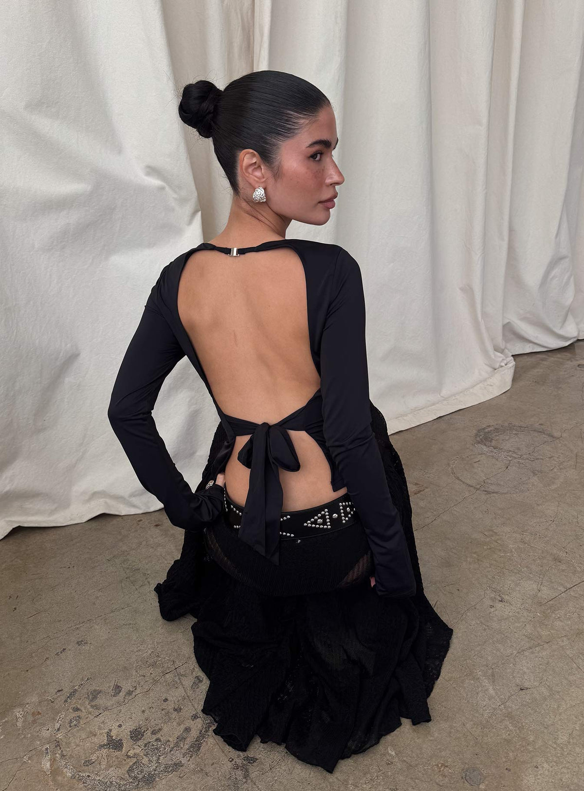 Harpur Long Sleeve Backless Top Black