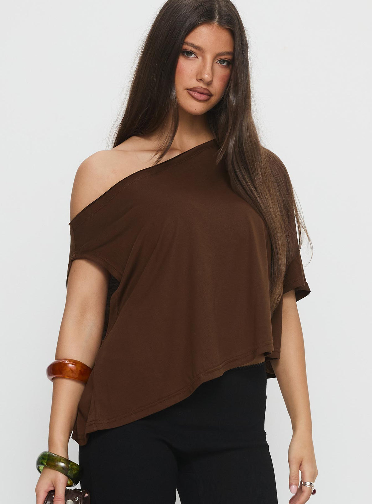 Passerby Asymmetrical Off Shoulder Top Brown