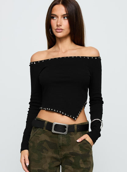 Perfect Cadence Stud Detail Off Shoulder Top Black