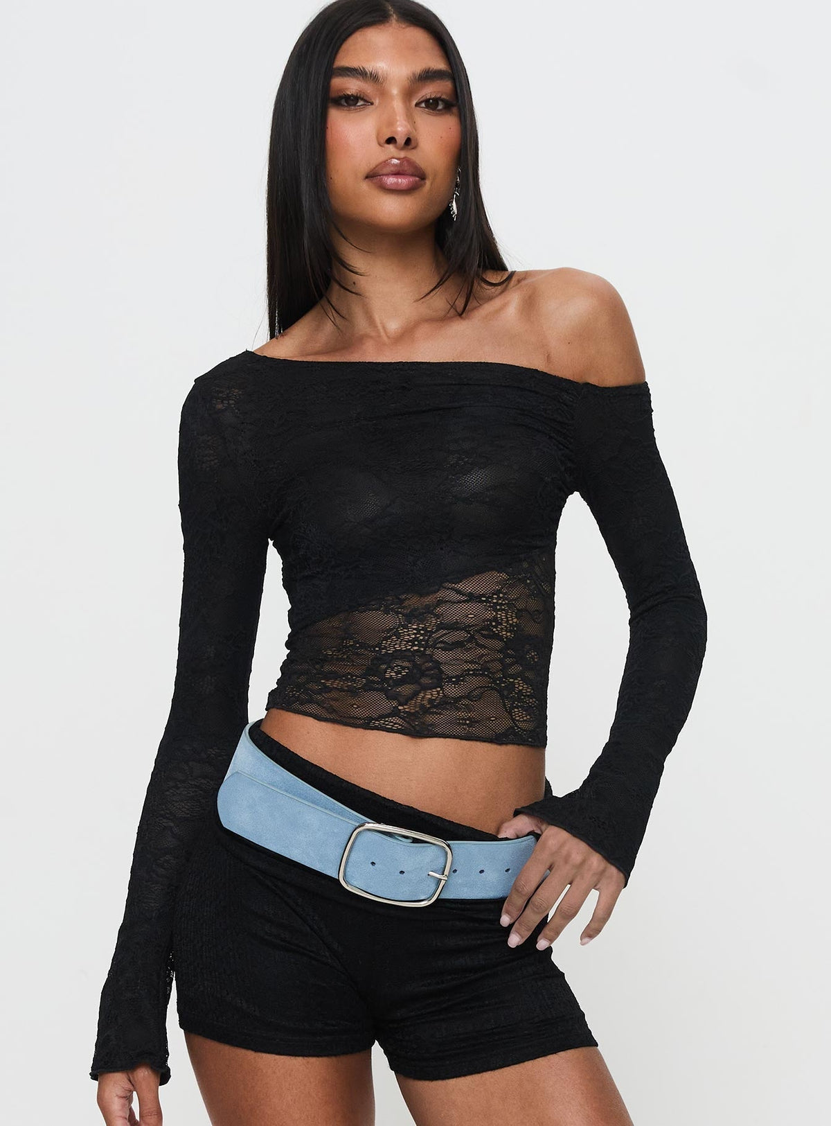 Tiberius Lace Asymmetrical Long Sleeve Top Black