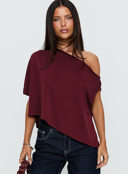 Passerby Asymmetrical Off Shoulder Top Burgundy