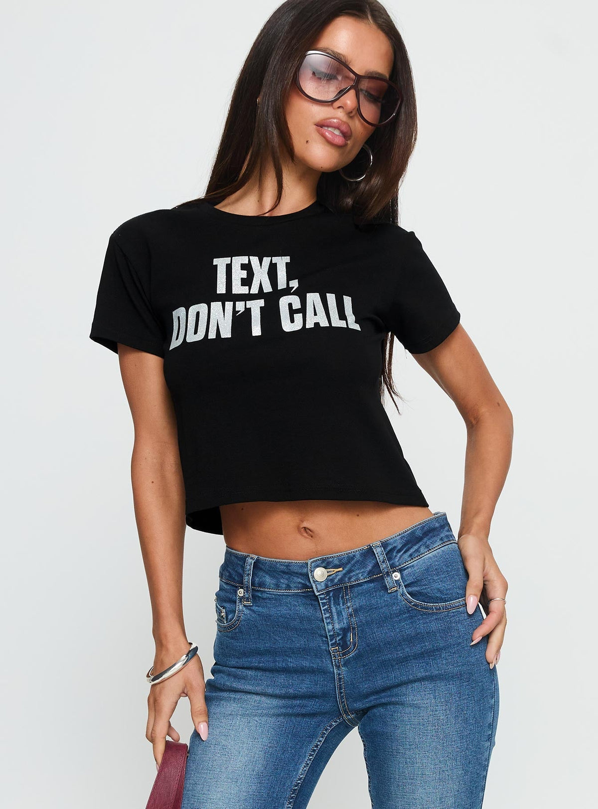 Text, Don't Call Shimmer Graphic Top Black
