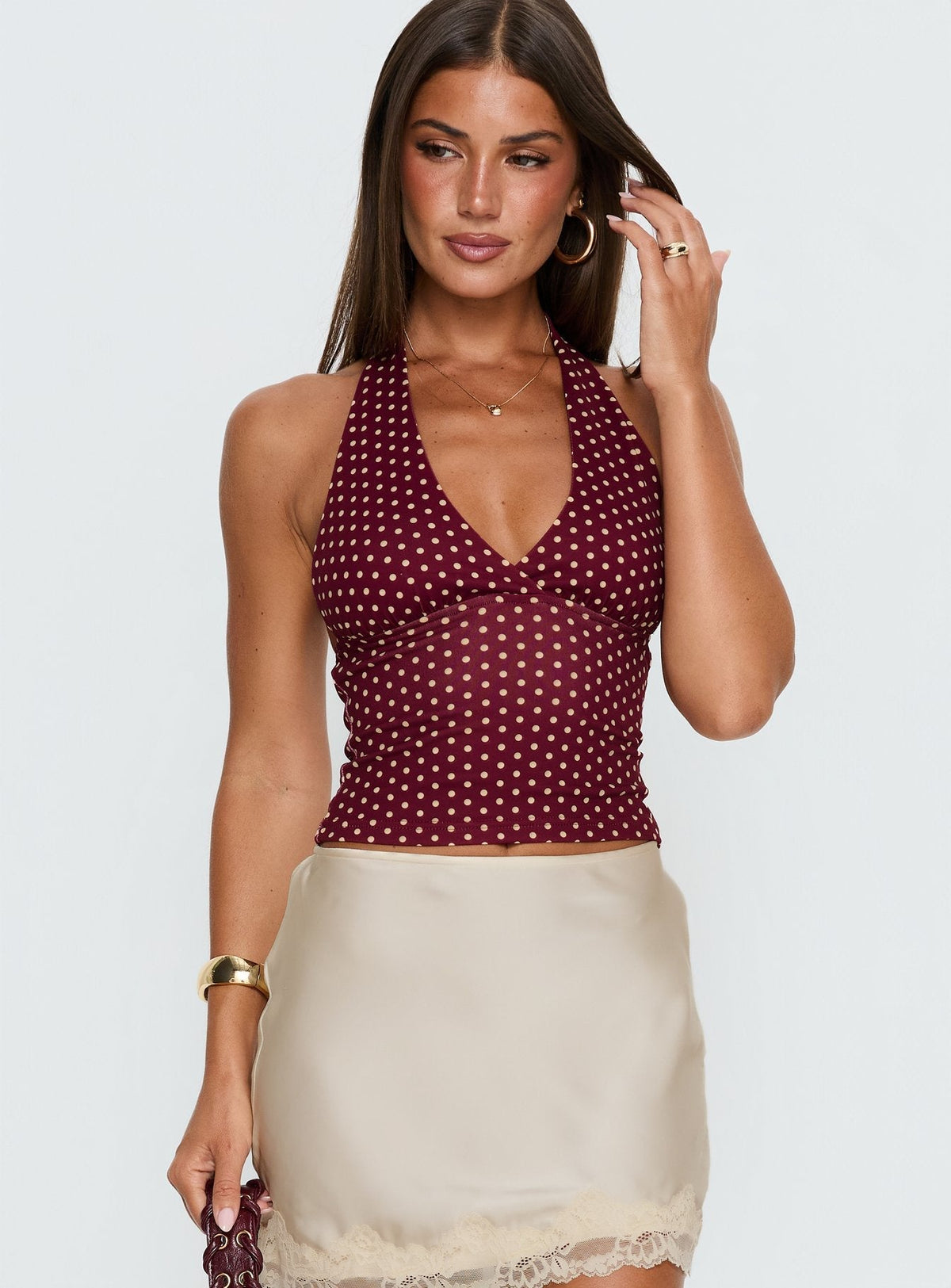 Whimsy Halter Top Burgundy / Lemon Polka