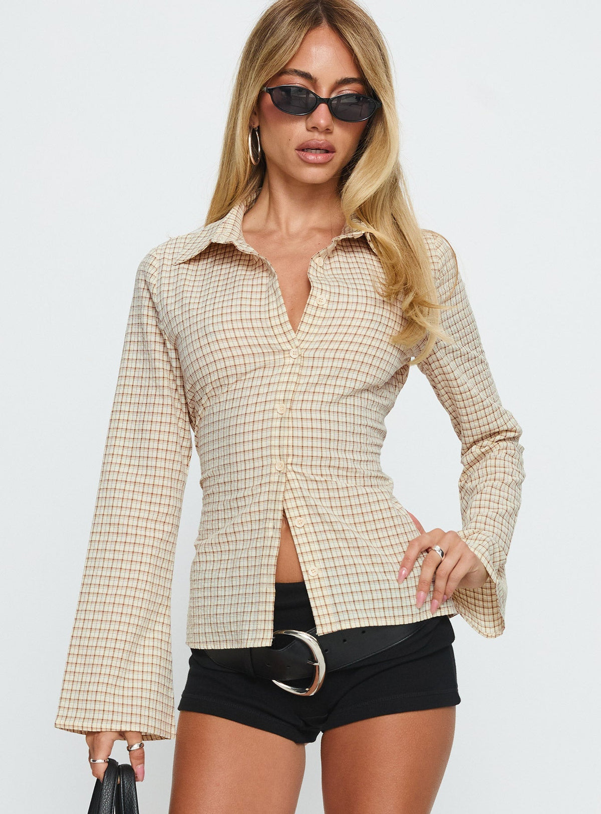 Eryx Tie Back Button Up Top Apricot Check