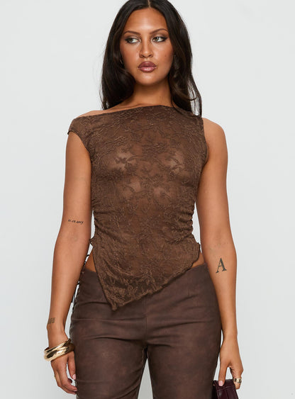 Decia One Shoulder Lace Top Brown