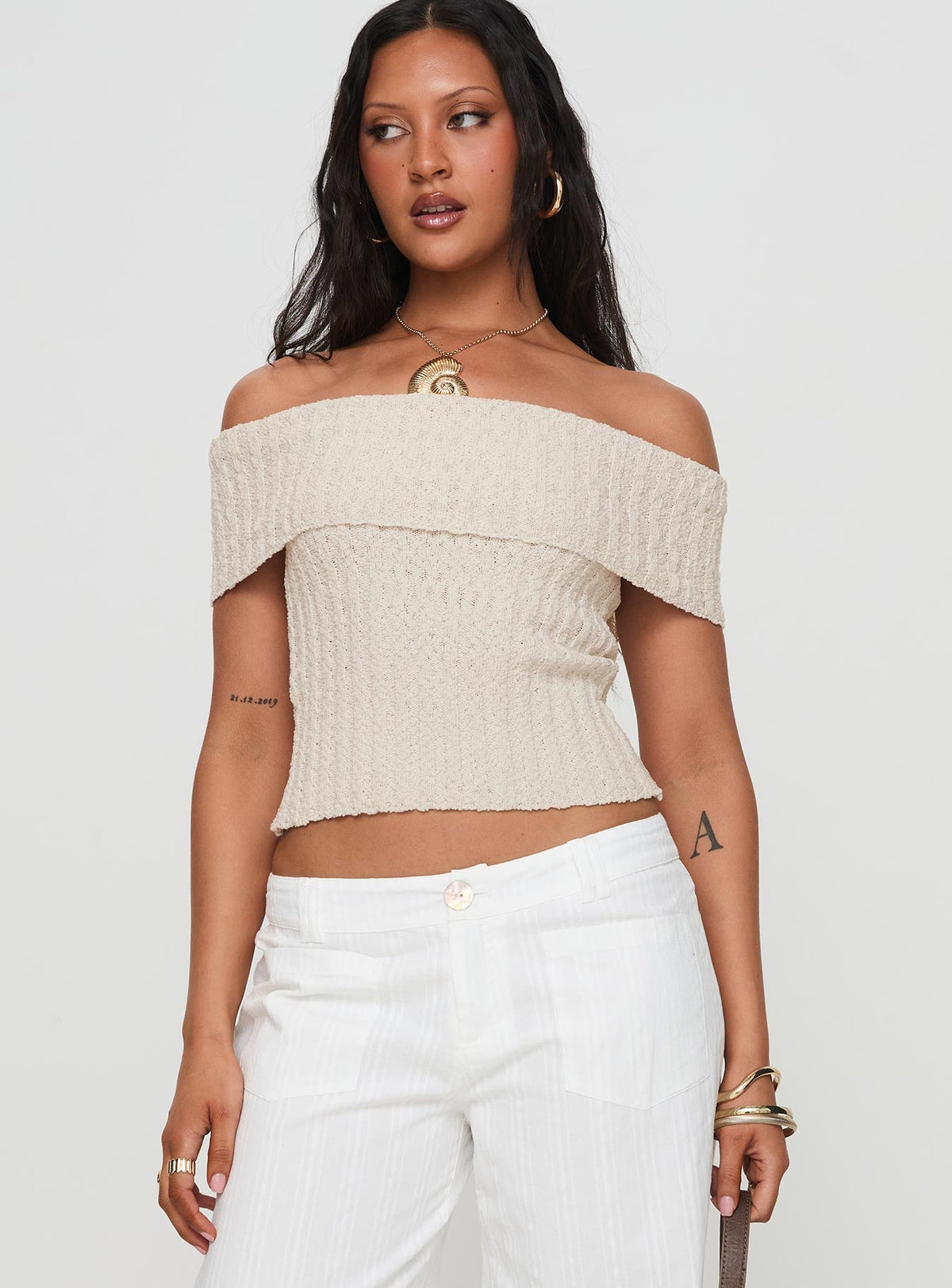 Murmur Off Shoulder Top Beige