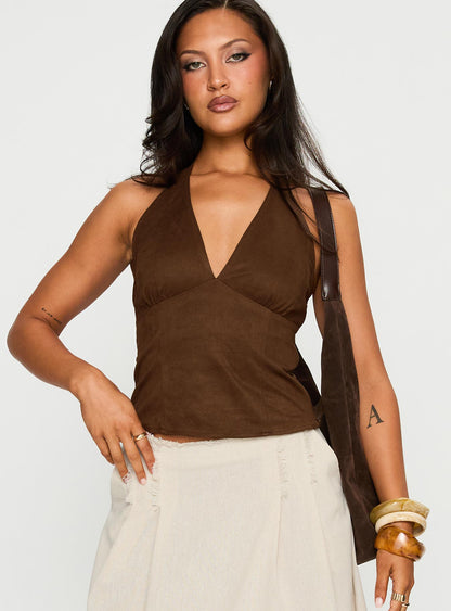 Richness Faux Suede Halter Top Brown
