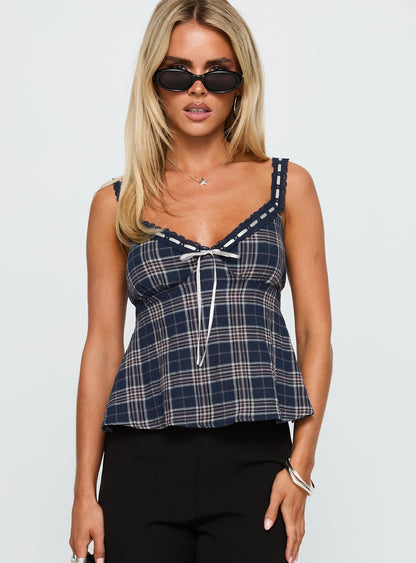 Pretty It Up Tie Detail Top Blue Check