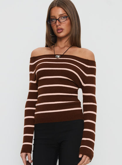 Out Of Reach Off Shoulder Knit Sweater Brown Stripe