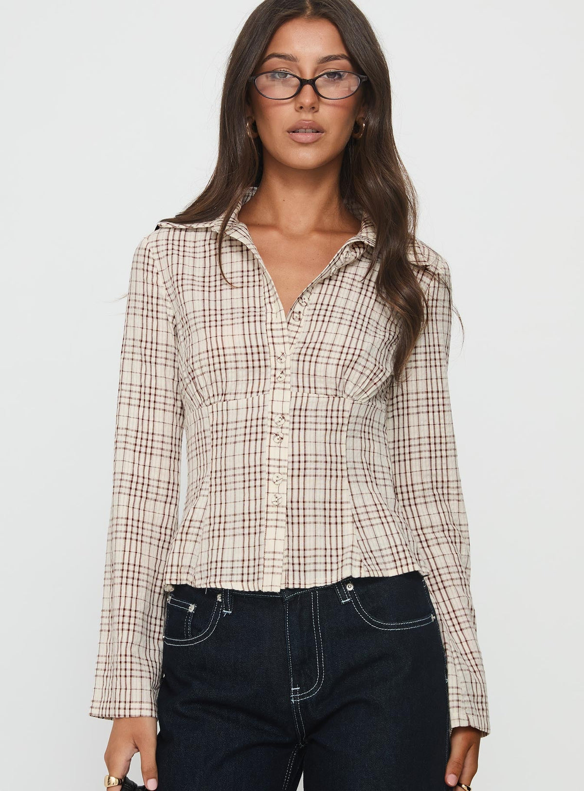 Cottesloe Long Sleeve Blouse Top Brown Check