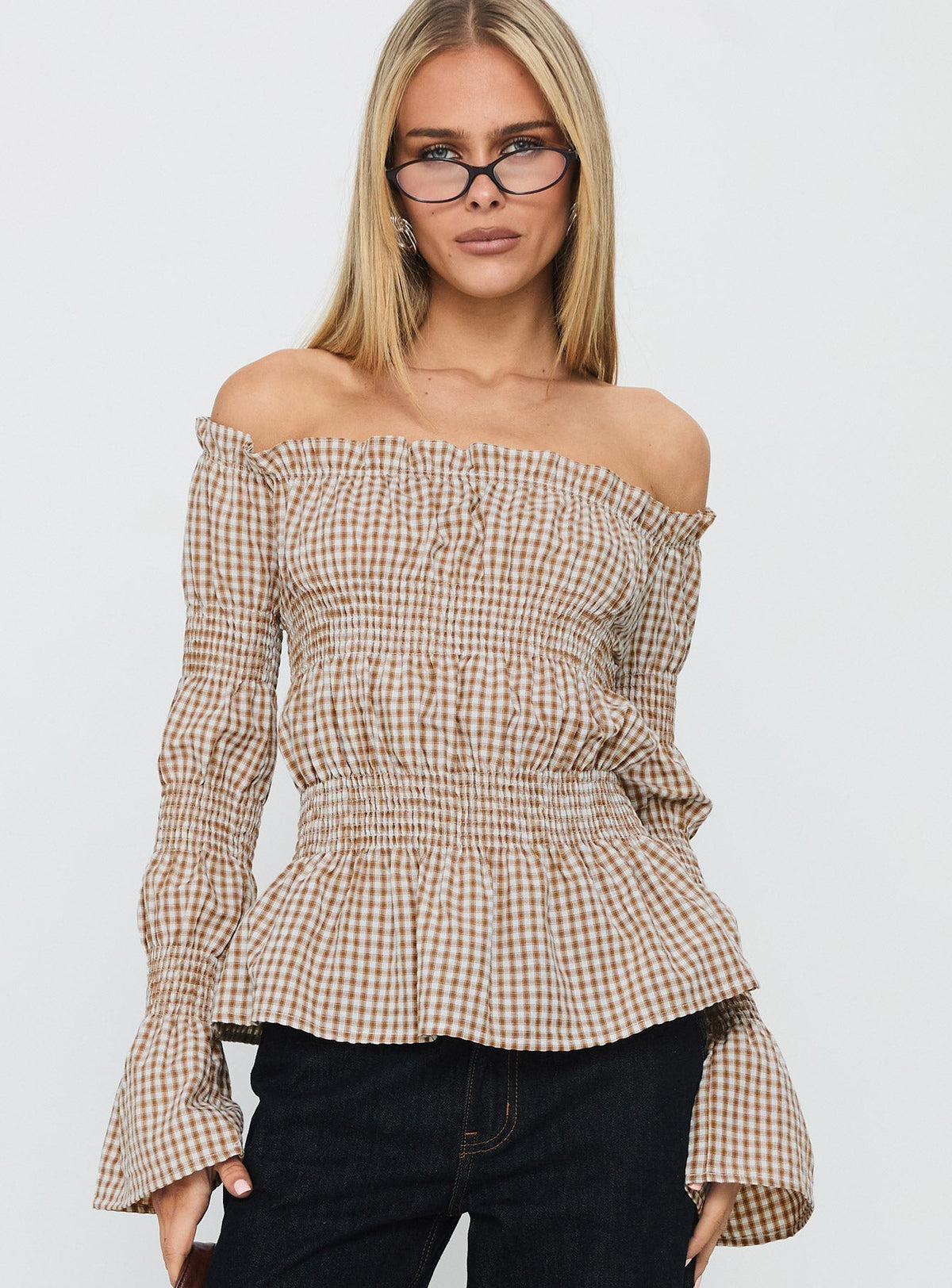 Kaitlynne Off Shoulder Long Sleeve Top Brown Check