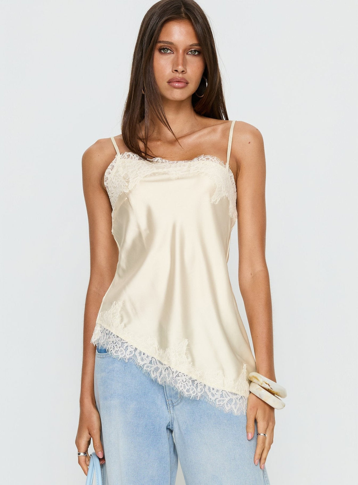 Winta Lace Trim Asymmetrical Satin Top Cream