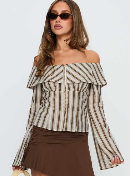 Knockout Off Shoulder Top Brown Stripe