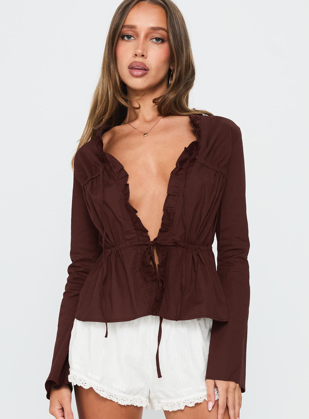 Harloe Ruched Tie Up Long Sleeve Top Chocolate