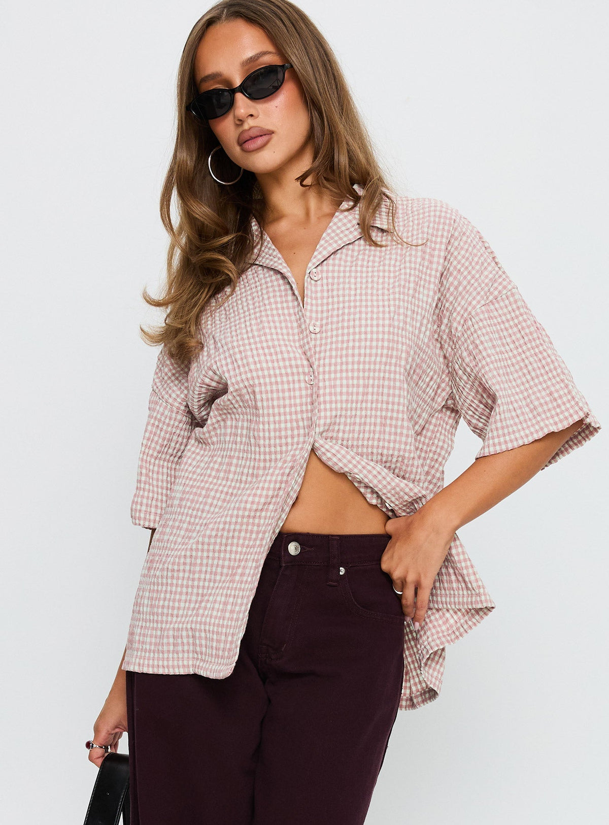Soft Side Oversized Button Up Top Pink Check