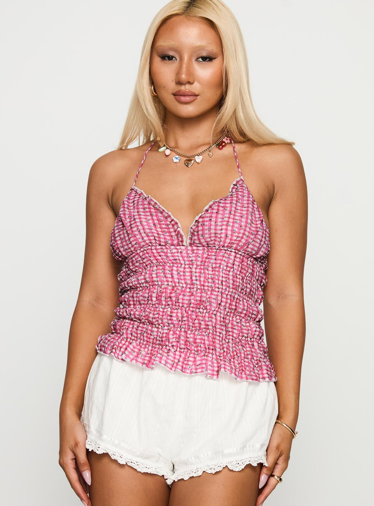 Eliette Ruched Top Pink Check
