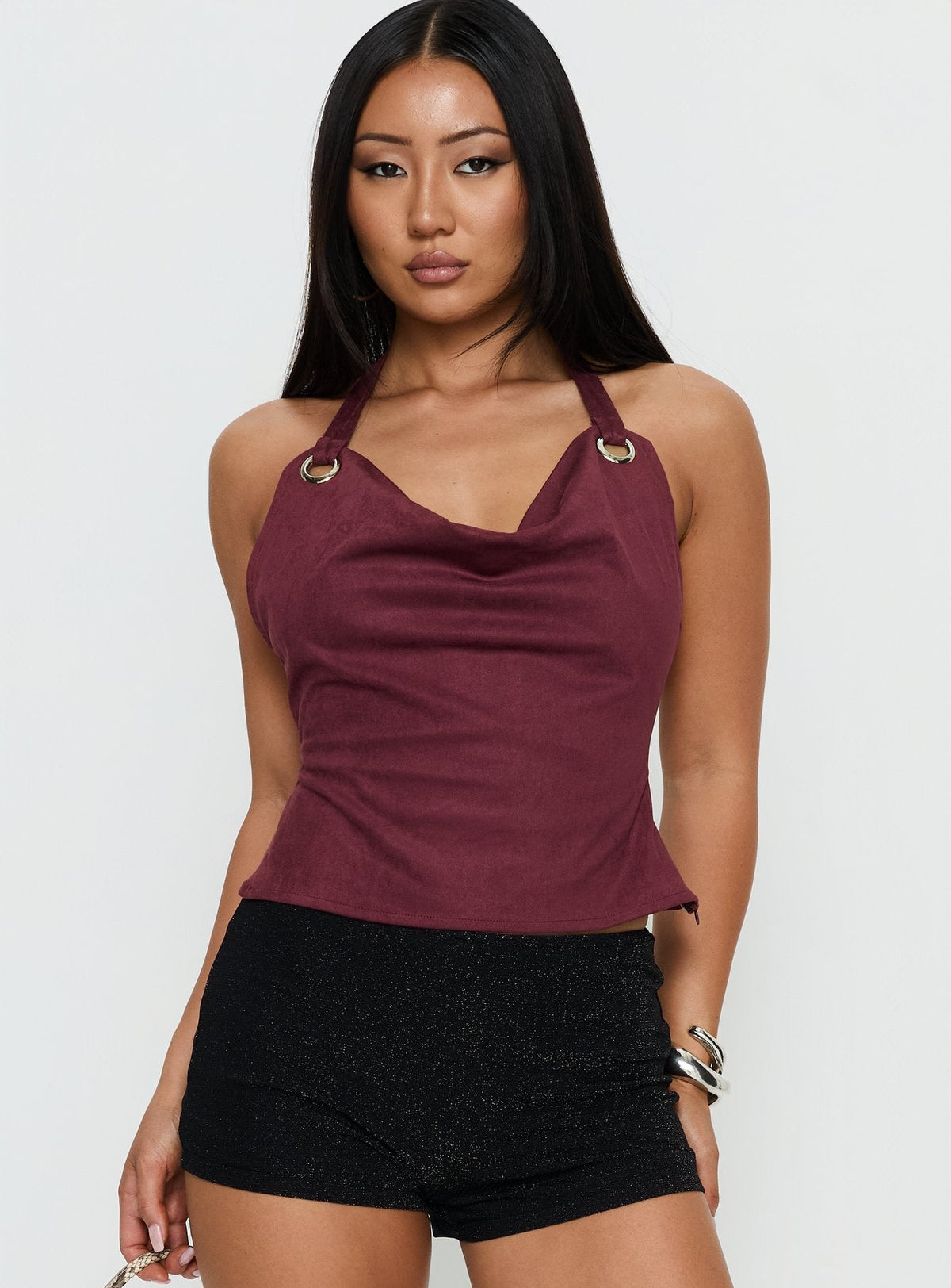 Yasenia Faux Suede Halter Top Burgundy