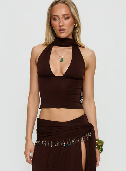 Spirita Beaded Halter Top Brown
