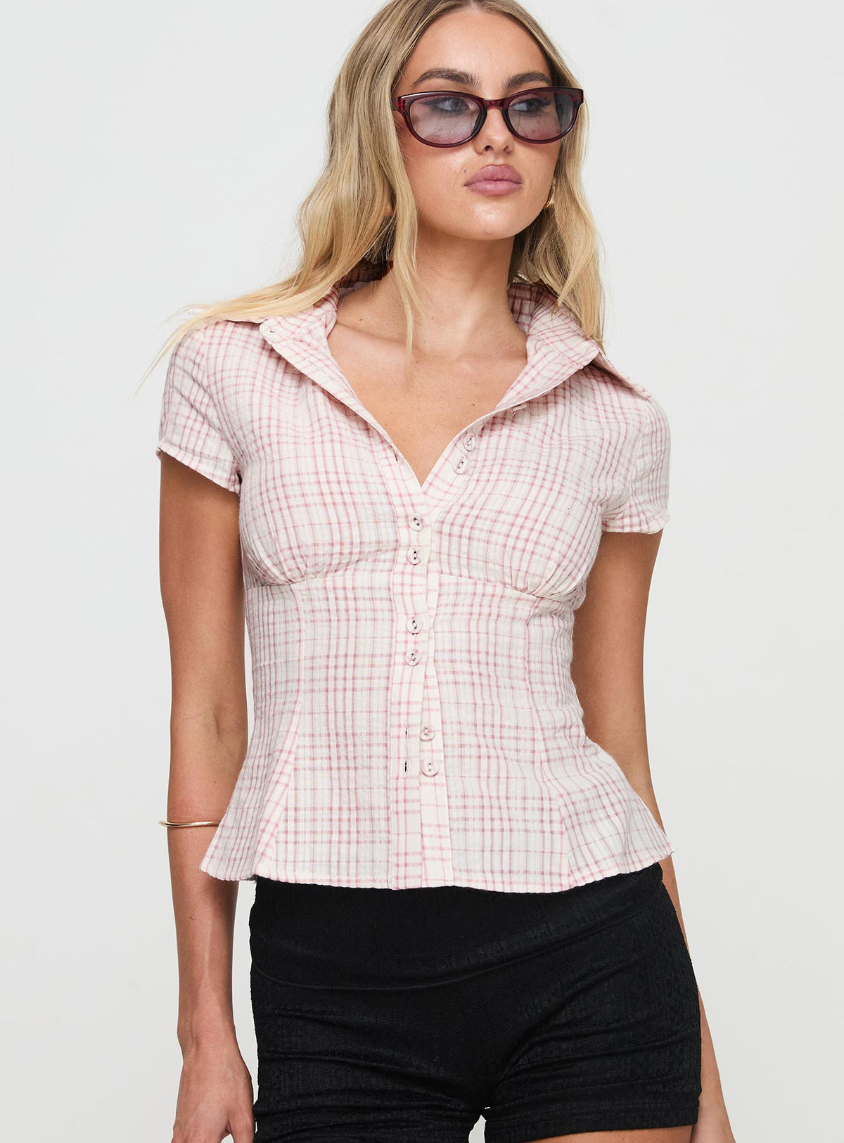 Cottesloe Blouse Top Pink Check Petite
