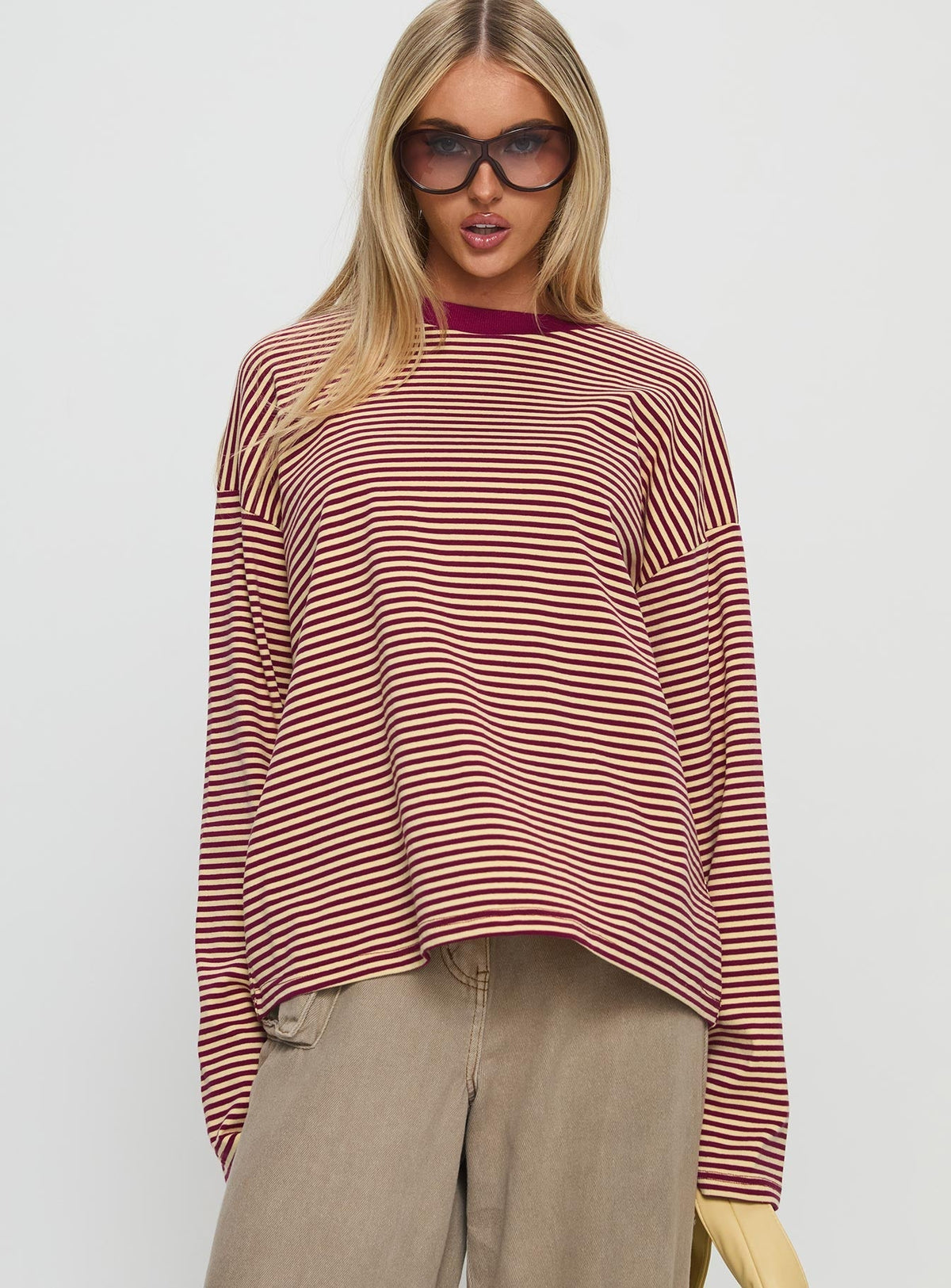 Settle Down Long Sleeve Top Lemon / Burgundy Stripe