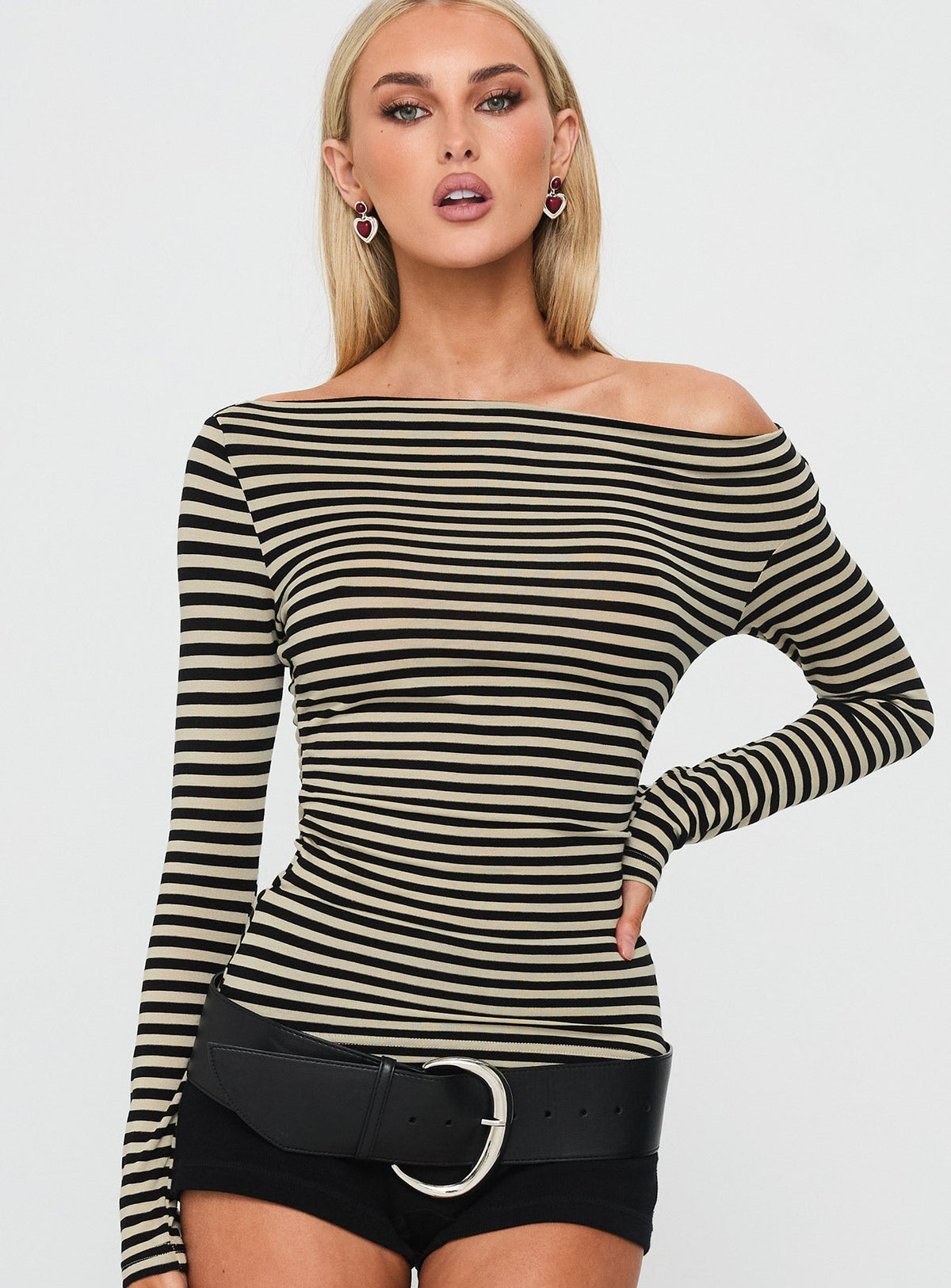 Dereka One Shoulder Long Sleeve Top Beige Stripe