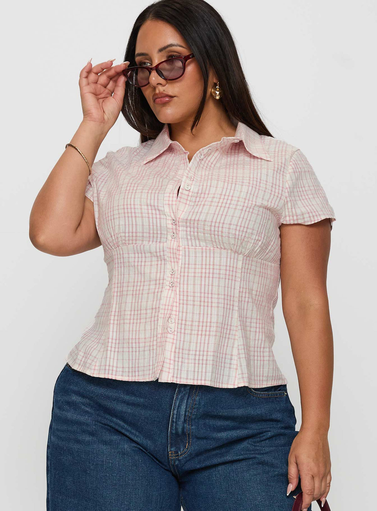 Cottesloe Blouse Top Pink Check Curve