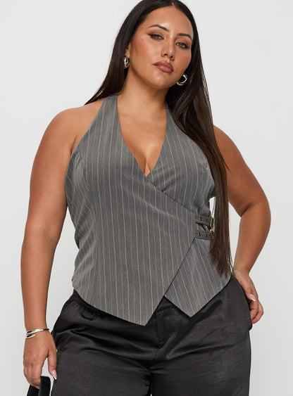 Calexico Buckle Halter Top Grey Pinstripe Curve