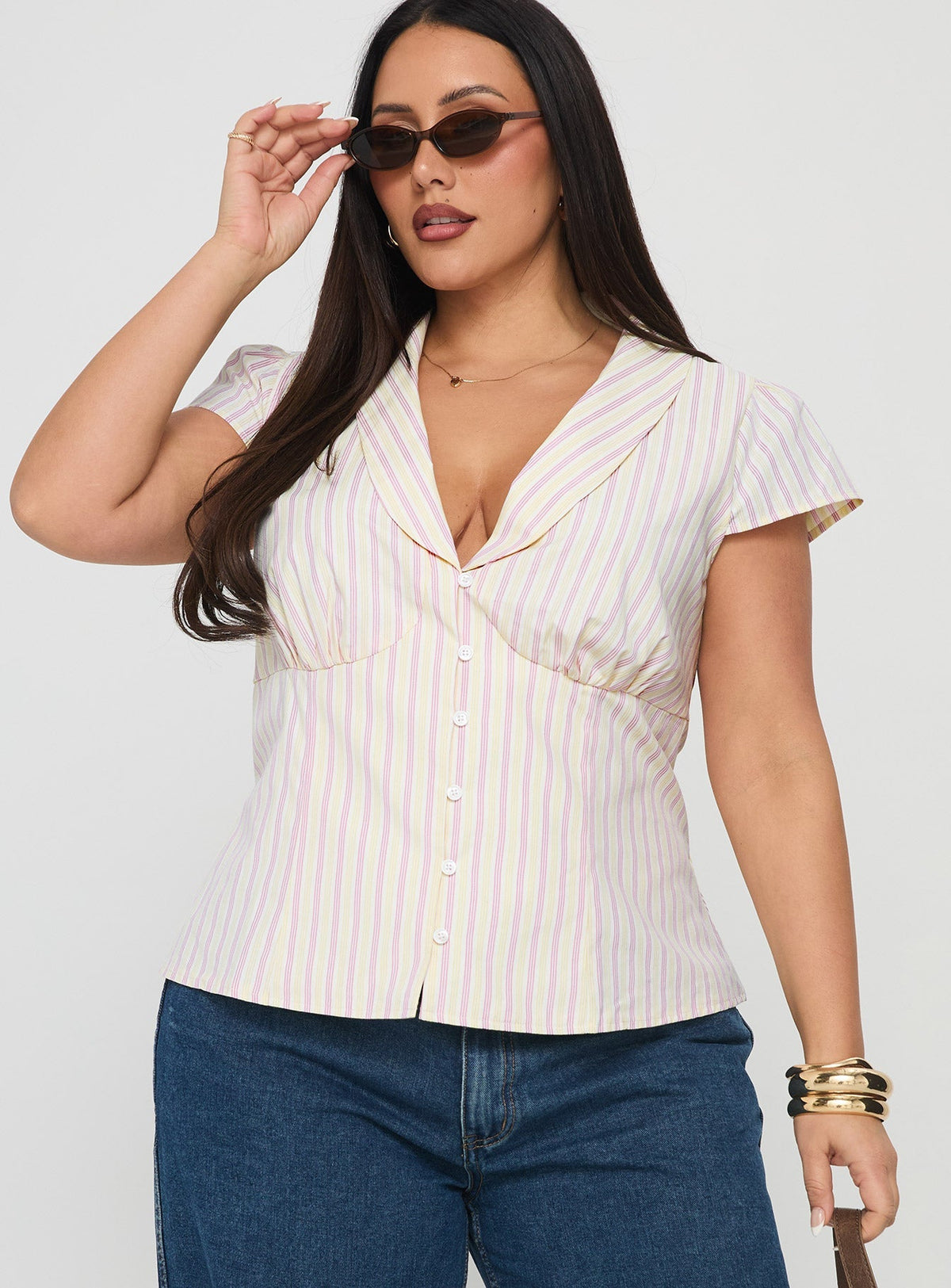 Ellis Island Collared Top Pink Stripe Curve