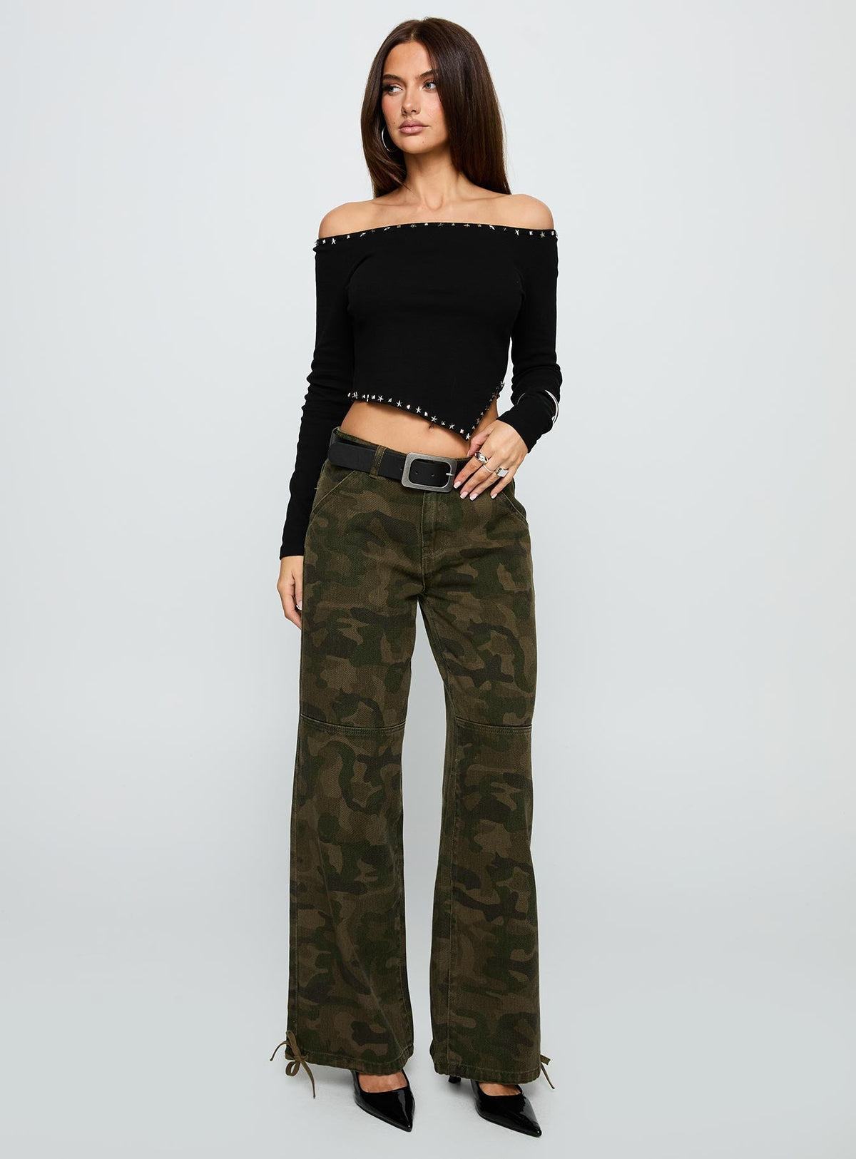 Perfect Cadence Stud Detail Off Shoulder Top Black