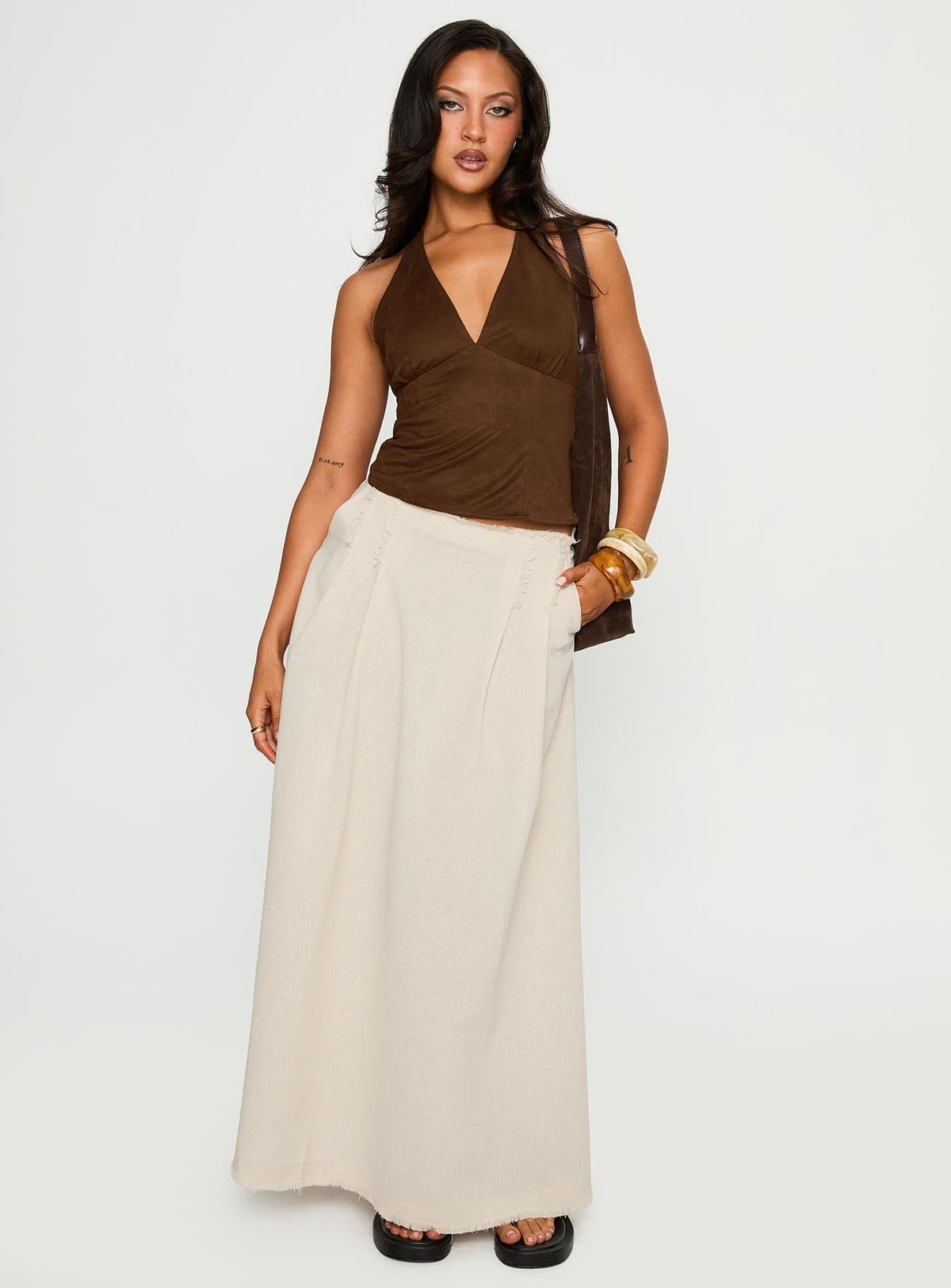 Richness Faux Suede Halter Top Brown