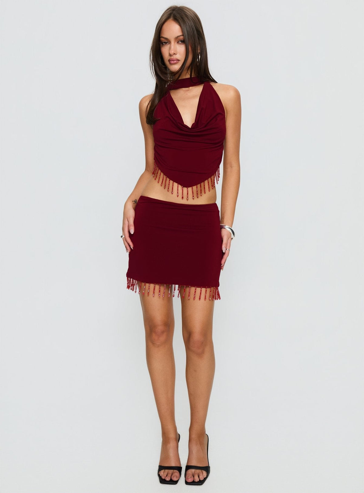 Ginah Bead Tassel Cowl Neck Top Red